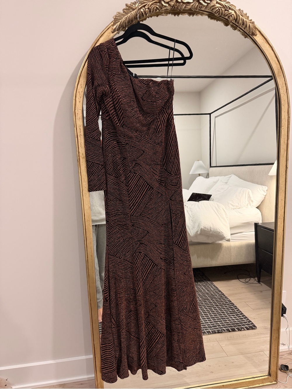 One-Shoulder Brown Patterned Evening Dress